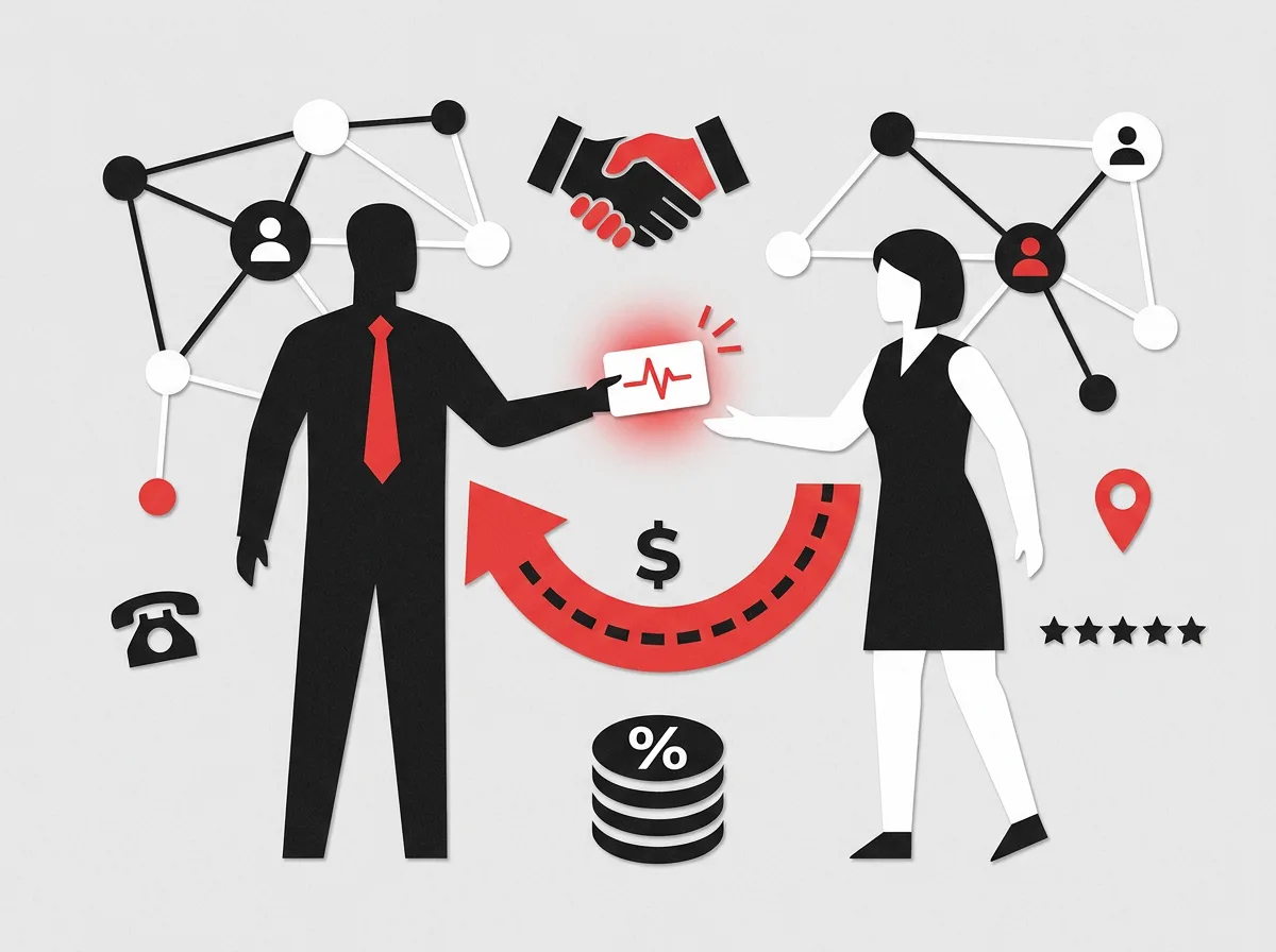 Consultant handing a lead card to a partner with coins and a percentage symbol returning, illustrating ContentMender referral revenue share